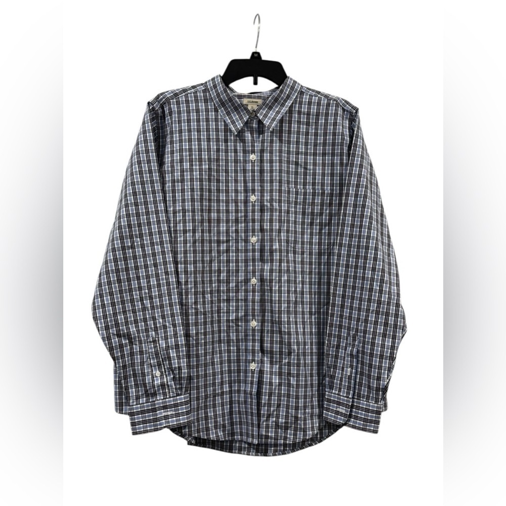 Men’s LL Bean Blue Plaid Long Sleeve Wrinkle Free Collar Shirt: XL